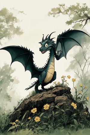 A nostalgic depiction of Don Bluth's whimsical world: a fantastical forest scene with rolling hills and towering trees, soft misty lighting casting dappled shadows. In the center, a heroic dragon (like those from Dragon's Lair) spreads its majestic wings, posed triumphantly on a rocky outcropping, as if ready to take flight. The atmosphere is mystical, with vines and flowers entwining ancient tree trunks.