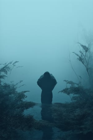 A moody, dark blue-hued landscape unfolds before us. A lone figure stands at the edge of a misty lake, shrouded in shadows. The air is heavy with moisture and the only sound is the distant hum of crickets. The subject's face is obscured by a hood, adding to the enigmatic atmosphere. The composition is minimalist, with the dark blue water and surrounding foliage drawing the viewer's eye.