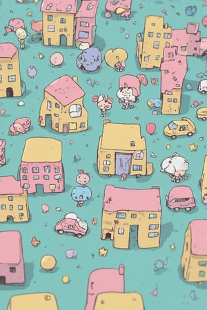 A whimsical illustration of Chibi Everything, a playful concept featuring tiny, rounded versions of everyday objects and creatures. In this shot, a miniature cityscape sprawls across the foreground, with itsy-bitsy buildings and vehicles arranged in a symmetrical composition. Soft, pastel hues of pink, blue, and yellow fill the scene, casting a warm glow on the Chibi Everything inhabitants as they go about their tiny lives.