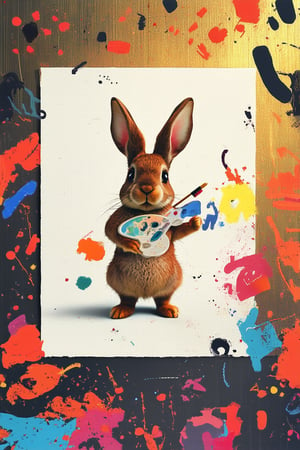 A whimsical illustration depicts a lone rabbit standing on its hind legs, holding a paintbrush and palette, surrounded by vibrant colored scribbles and abstract shapes. Soft golden light illuminates the scene from above, casting a warm glow on the textured paper. The composition features the rabbit prominently in the center, with creative chaos swirling around it.