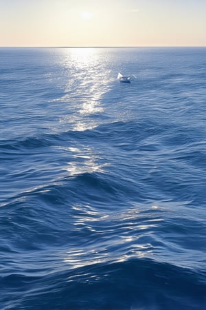 A majestic blue ocean waves stretch across the frame, meeting the sky at a subtle horizon line. Soft, warm sunlight casts a gentle glow on the rippling waters, as if kissed by the sun's rays. A lone sailboat drifts peacefully in the distance, its white sails billowing in the breeze.