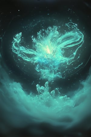 A mystical realm unfolds as a cluster of glowing crystals erupts from the darkness, radiating an ethereal light. Framed within a circular composition, the crystal formations appear to defy gravity, suspended amidst swirling mist and eerie shadows. Soft, blue-green hues illuminate the scene, casting an otherworldly glow on the surrounding environment.