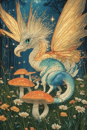 In a whimsical forest clearing, a trio of fantastical creatures gather: a majestic Griffin with shimmering golden feathers and piercing emerald eyes, a mischievous Pixie with iridescent wings and a twinkle in her eye, and a gentle Dragon with scales glinting like polished onyx. The air is filled with the sweet scent of blooming wildflowers as they converse amidst a tapestry of vibrant mushrooms.