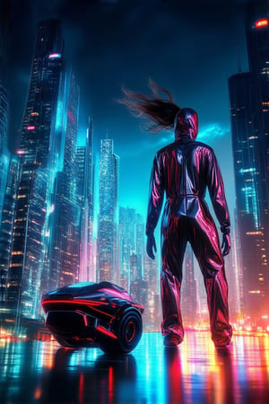 A gleaming metropolis sprawls across the frame, neon lights reflecting off sleek skyscrapers as a lone figure in a metallic jumpsuit stands atop a futuristic hoverbike, wind whipping through their hair. Cityscape's vibrant hues contrast with the bike's muted tones, while the subject's pose exudes confidence and freedom amidst the urban jungle.