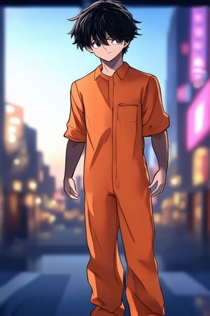 A young anime protagonist stands confidently in a dramatic pose, one foot slightly forward as if ready to spring into action. Softly lit with a warm glow, the scene is set against a vibrant cityscape at dusk, with neon lights reflecting off their sleek black hair. The subject's bright orange jumpsuit and bold facial expression command attention, framed by a subtle blur effect around the edges.