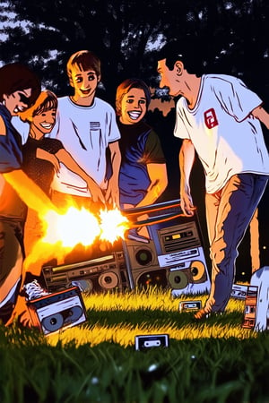 A nostalgic snapshot of a 1990s era: A group of friends gathered around a boombox blasting their favorite tunes on a warm summer evening. The setting sun casts a warm orange glow, illuminating the worn-out sneakers and oversized t-shirts. Cassette tapes scattered across the grass, as laughter and music fill the air.