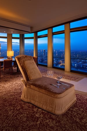 A sumptuous penthouse suite with plush carpeting and lavish furnishings, framed by floor-to-ceiling windows overlooking a breathtaking cityscape at dusk. Soft, golden lighting illuminates a sprawling living area, where a regal chaise lounge sits atop a richly patterned rug. A stunning marble bar serves as the centerpiece, adorned with crystal glasses and gleaming silverware.