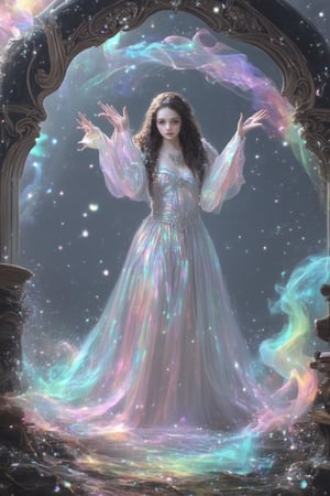 A whimsical fantasy realm unfolds as a young sorceress stands amidst a swirl of colorful smoke, her eyes aglow with mystical energy. Softly lit by an ethereal glow, she raises her hands in triumph, surrounded by fluttering wisps of glittering fairy dust and ancient tomes bound in ornate leather. Wonder and magic fill the air as the misty veil behind her begins to take shape, revealing a shimmering portal to a realm of endless enchantment.