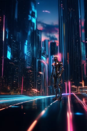 A gleaming metropolis at dusk, cityscape of towering skyscrapers and neon lights reflecting off chrome-plated streets, futuristic architecture piercing the darkening sky, sleek flying cars zipping by as a lone figure in metallic armor stands proudly at the edge of a hovering platform, laser beams dancing across the atmosphere.