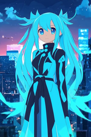 A vibrant blue hue dominates the frame as a young anime protagonist stands confidently in front of a neon-lit cityscape at dusk. Her striking blue hair shines like a beacon against the darkening sky, while her bright blue dress glows with an ethereal light. The bold blue accents on her outfit pop against the monochromatic tones of the urban landscape.