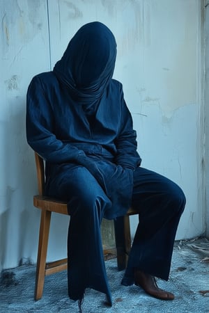 A moody, dark blue-hued realism portrait of a lone figure, shrouded in shadows, sitting on a worn, wooden chair amidst a dimly lit, decaying room. The subject's face is obscured by the darkness, yet their contemplative expression conveys a deep sense of introspection and melancholy.