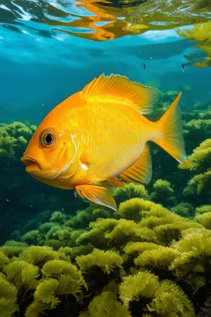 A vibrant yellow Hakame fish swimming amidst a bed of lush green seaweed, its scales glistening in the warm sunlight that filters through the clear blue water. The camera captures a close-up shot, framing the fish's majestic fins and shimmering body against the subtle gradient of the ocean floor.