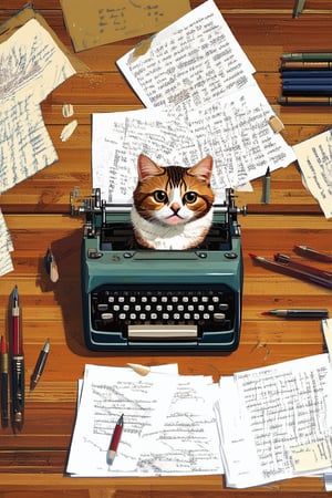 A whimsical illustration featuring a cat sitting on a vintage typewriter keyboard, surrounded by scattered paper sheets and pens, with a curious expression as if contemplating its next literary masterpiece. Framed in a warm golden light, the cat's fur blends seamlessly with the wooden desk, while the surrounding clutter adds to the playful atmosphere.