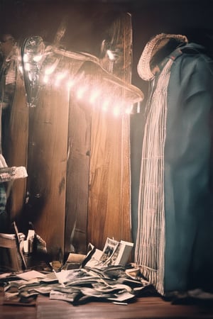 A nostalgic snapshot: Soft focus captures a warm glow on worn, vintage-inspired clothing against a distressed wood backdrop, reminiscent of bygone eras. Gentle lighting highlights the subject's introspective pose, lost in thought amidst scattered memorabilia and faded photographs, as if memories are slowly unraveling like a well-loved book.