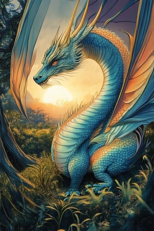 A mystical realm unfolds as a luminous dragon with iridescent scales glows softly in the warm light of a setting sun. Amidst a tapestry of velvety greenery, its wings spread wide, casting dappled shadows on ancient, gnarled trees. A gentle mist swirls around its majestic form, as if the very essence of wonder surrounds this ethereal creature.