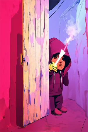 A dimly lit alleyway at night, with a worn-down wooden door as the backdrop, slowly creaking open to reveal a faintly glowing glowstick-wrapped figure emerging from the shadows. The mysterious Banksy-like character is shrouded in an air of secrecy, their face obscured by a hoodie and a wispy veil of smoke.