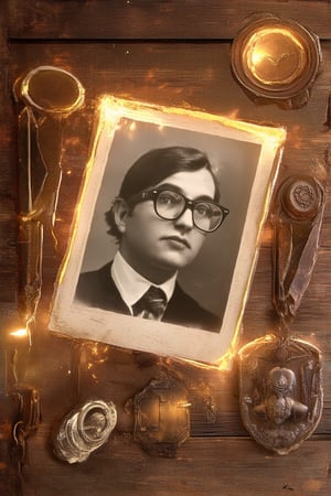 A vintage-inspired portrait with a nostalgic flair: Softly lit by warm golden tones, a bespectacled individual poses against a distressed wooden backdrop, surrounded by antique trinkets and forgotten artifacts. The subject's expression is wistful, lost in thought as they gaze upon an old, worn photograph.