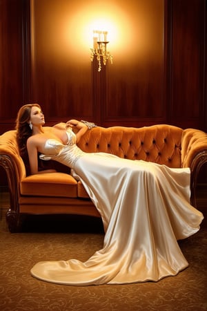 A sumptuous setting sun casts warm golden hues on a plush velvet sofa, where a regal figure reclines in a flowing white evening gown, diamond jewelry glinting against rich mahogany wood paneling as the soft glow of candlelight dances across the opulent space.