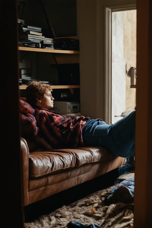 Grainy film textures and warm lighting evoke a nostalgic 1990s vibe in this shot. A laid-back teenager lounges on a worn-out couch, surrounded by a messy room filled with old VHS tapes, cassette players, and chunky computers. The subject's flannel shirt and high-waisted jeans complete the retro look. Framed through a doorway, the composition guides the viewer's eye to the central figure, as if peeking into a private moment.