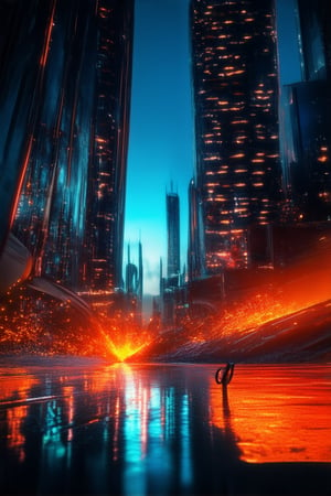 A futuristic cityscape at dusk, with sleek skyscrapers and neon lights reflecting off wet asphalt. A hoverboard glides effortlessly through the air, leaving a trail of sparks behind it. The camera captures the scene from a low angle, looking up at the towering structures, bathed in a warm orange glow.