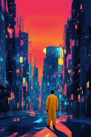 A vibrant, neon-lit cityscape at dusk, with buildings and streets radiating an extreme hue of electric blue, as if the sun's final rays have infused the entire scene with an otherworldly intensity. The sky is a deep purple, gradating into fiery orange near the horizon. Amidst this surreal backdrop, a lone figure in a bright yellow jumpsuit stands at attention, their silhouette stark against the kaleidoscopic urban landscape.