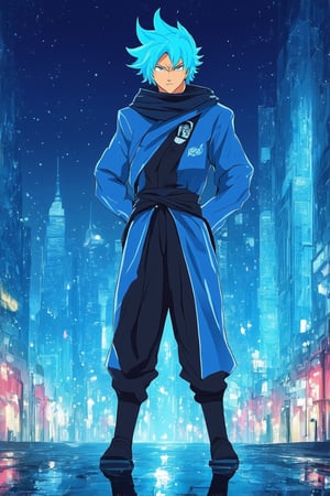 A vibrant blue hue envelops a fantastical cityscape as our protagonist, Kaito, stands atop a skyscraper, his bright blue hair glowing like a beacon. The neon-lit streets below reflect off the wet pavement, casting a mesmerizing glow. Kaito's bold stance and confident smirk convey a sense of heroism, as he gazes out upon the city he protects.