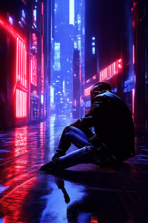 A futuristic cityscape at dusk, neon lights reflected on wet pavement. A lone hacker, dressed in black leather jacket and ripped jeans, sits hunched over a cyberdeck, eyes fixed on the holographic display. Flickering LED lights behind, dimly lit alleyway to the side, graffiti-covered walls bearing cryptic messages.