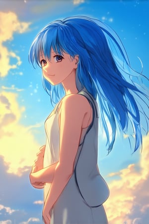 A young girl with striking blue hair stands confidently in a vibrant anime-inspired setting, her right leg slightly bent and left arm crossed over her chest. Soft focus background of swirling clouds and gradient skies. Golden light casts an ethereal glow on her profile, emphasizing the bold lines and curves of her character design.