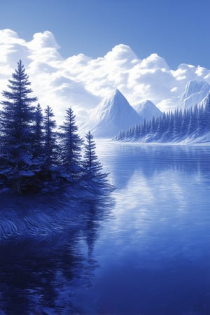 A majestic blue landscape unfolds before us: a serene lake glimmers under a clear blue sky, where wispy clouds drift lazily across the horizon. Tall evergreen trees stand guard along the shoreline, their needles glistening like tiny jewels in the soft sunlight that dances across the water's surface.