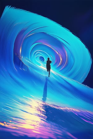 In a gradient world, a mesmerizing vortex swirls in shades of blue, transitioning seamlessly from sky to ocean hues. The air is alive with iridescent colors, as if refracted light danced across the atmosphere. A lone figure stands at the edge, gazing out into the gradient expanse, their silhouetted form blurred against the shimmering backdrop.