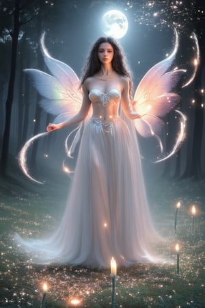 Mystical sorceress standing amidst swirling mist, candlelight dancing across her face as she conjures a radiant aura around herself. Sparkling fairy dust swirls above, illuminating the darkened forest, while the moon casts an ethereal glow upon the mystical scene.