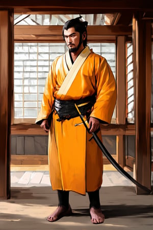 A vibrant yellow Hakama jacket adorns a traditional Japanese samurai warrior, its bold hue standing out against the muted tones of the ancient temple's wooden beams. Soft morning light filters through the lattice windows, casting a warm glow on the subject's stoic face as he stands confidently, his sword at his side.