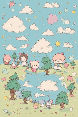 A whimsical chibi world where everything is cute! A miniature landscape unfolds before us, with tiny trees, fluffy clouds, and adorable creatures scurrying about. The framing focuses on a central cluster of these chibi characters, arranged in a playful composition that's just begging to be turned into a sticker or plush toy. Soft pastel hues illuminate the scene, casting a warm glow over the entire setting.