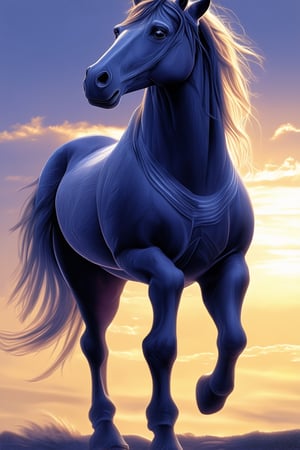 A majestic blue horse stands proudly against a warm sunset sky, its shimmering coat glistening in the fading light. The camera captures its regal pose from a low angle, emphasizing its grandeur as it surveys its surroundings with a gentle gaze. Soft golden light wraps around its mane and tail, adding a sense of depth and dimension to the scene.