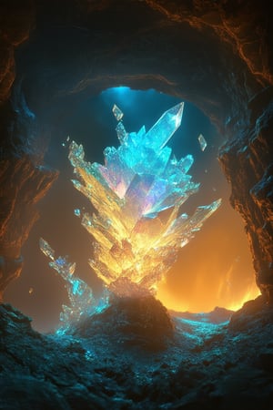 A mesmerizing scene unfolds: In a dimly lit, mystical cave, a cluster of glowing crystals rises from the earth, their iridescent facets casting an ethereal glow on ancient stone walls. A few crystals float suspended in mid-air, as if infused with an otherworldly energy.