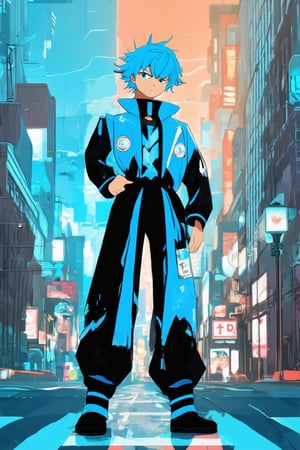 A vibrant blue hue dominates the frame as a young anime protagonist stands confidently against a stylized cityscape. Electric blue hair and attire pop against the warm orange glow of streetlights, with bold lines and vivid textures defining the character's pose. The bustling metropolis hums in the background, a symphony of neon lights and pulsing energy.