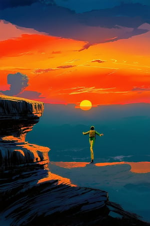 Vibrant sunset landscape with bold orange hues dominating the sky, casting a warm glow on the rugged terrain below. A lone figure in the distance, dressed in bright yellow and green attire, stands at the edge of a cliff, arms outstretched as if embracing the extreme hue of the setting sun.