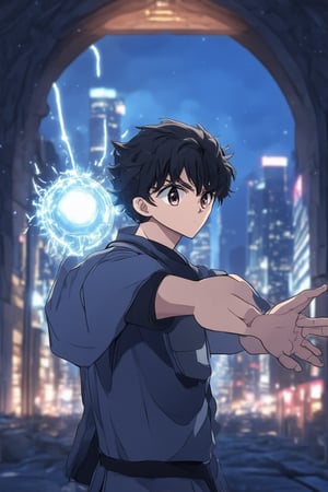 A young anime protagonist stands confidently in a dynamic pose, one hand grasping an energy orb and the other arm extended outwards as if embracing the cityscape behind. Soft, glowing lines radiate from the orb, illuminating the darkened urban landscape. The protagonist's eyes gleam with determination, set against a backdrop of towering skyscrapers and neon lights. Framed by a dramatic archway, this scene captures the essence of anime heroism.