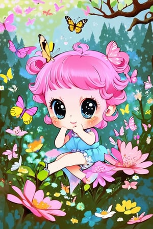 Adorable chibi character posing in a vibrant, whimsical forest setting, surrounded by giant flowers and fluttering butterflies. Soft, pastel hues dominate the color palette, with gentle highlights on the character's bright pink hair and sparkly eyes. Framed by a curved tree branch, the scene captures a sense of wonder and magic.