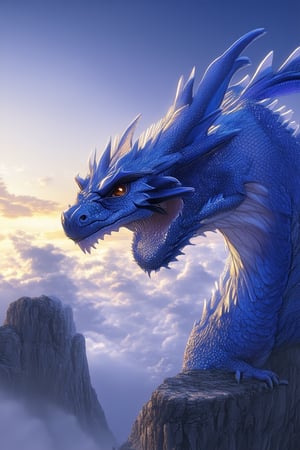 A majestic blue dragon perches regally on a misty mountain peak, its iridescent scales glistening in the soft dawn light. The camera frames the creature's powerful pose against a backdrop of wispy clouds and rugged stone, emphasizing its grandeur. A subtle gradient of blues and purples hues the sky, with a hint of golden sunrise peeking from behind.