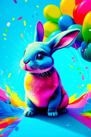 A kaleidoscope of vibrant colors explodes across a bright blue background as a whimsical rabbit stands proudly in front of a rainbow-colored balloon archway. The rabbit's fluffy fur glistens with iridescent sheen, while its bright pink nose twinkles like a tiny star. Confetti and glittering sparks dance around the scene, infusing the image with playful energy.