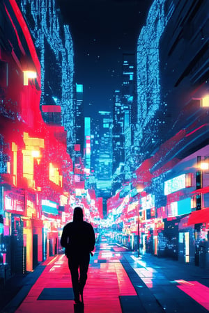 A vibrant, neon-lit cityscape at dusk, with buildings and streets bathed in an extreme hue of electric blue, as if lit by a thousand tiny LED lights. The sky above is a deep crimson, contrasting sharply with the artificial glow below. Silhouetted figures walk the streets, their movements blurred against the kaleidoscope backdrop.