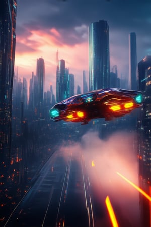 A futuristic cityscape at dusk: sleek skyscrapers pierce the smoggy sky, neon lights dancing across their angular faces like electric butterflies. In the foreground, a hoverbike speeds by, its chrome hull glinting as it leaves a trail of wispy smoke. The sun's orange glow casts long shadows, illuminating the bustling streets below.