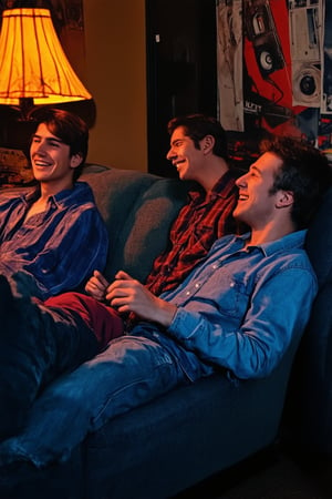 A nostalgic snapshot captures a carefree summer evening in the 1990s. A group of teenagers lounges on a worn-out couch, surrounded by retro posters and cassette tapes. The warm glow of a lamp casts a cozy ambiance, as they laugh and gossip, their faces aglow with neon-lit excitement. Faded denim and flannel shirts blend with the muted colors of the room, while a boombox plays the smooth sounds of R&B in the background.