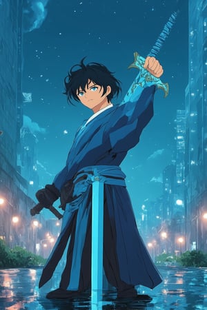 A stunning blue-hued anime scene: a young protagonist with piercing blue eyes and shoulder-length hair stands triumphantly amidst a cityscape at dusk. The sky is painted in hues of cerulean, gradating to deep indigo near the horizon. Neon lights from towering skyscrapers cast a warm glow on the wet asphalt streets. The subject's posture exudes confidence, one hand resting on the hilt of a gleaming blue sword.