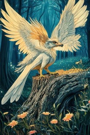 In a mystical forest, a majestic Griffin perches atop a ancient tree stump, its piercing gaze scanning the surrounding foliage as it spreads its regal wings, sunlight casting a warm glow on its shimmering feathers and scales. In the foreground, a delicate sprite tends to a bed of sparkling flowers, their ethereal forms dancing in harmony.