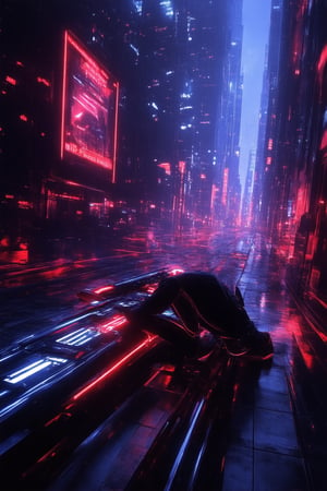 A gritty, neon-lit cityscape at dusk. A lone hacker sits hunched over a futuristic console, eyes fixed on the screens as code flows like liquid silver across the terminal. Flickering holographic advertisements swirl around them, casting a kaleidoscope of colors across the darkened alleyway. The city's steel and concrete jungle looms in the background, a testament to human ingenuity and rebellion.