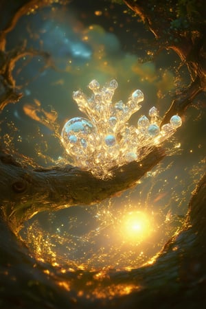 A mystical realm unfolds as a cluster of glowing crystals radiates an otherworldly light. Framed by ancient tree trunks and lush foliage, the shimmering orbs seem to pulse with an inner luminescence. Soft focus highlights the intricate facets and swirling patterns within each crystal, while the surrounding environment fades into a warm, golden haze.