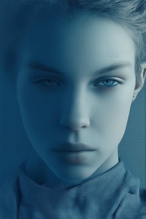 A dimly lit, dark blue hued studio setup with a subtle gradient of shadows, captures a hyper-realistic portrait of a subject's solemn expression. Soft, diffused lighting casts an eerie glow on the model's pale skin, emphasizing their contemplative gaze. The dark blue background and props blend seamlessly into the subject's attire, creating a moody atmosphere that draws the viewer in.