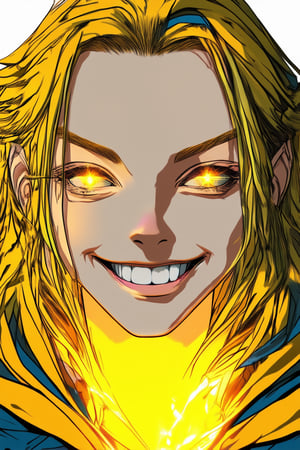 A close-up shot of Solak's face with a vibrant yellow background, highlighting their bright smile and warm complexion. Soft, golden lighting illuminates their features, casting a subtle glow on the surrounding area. The composition focuses on Solak's eyes, which sparkle with warmth as they gaze directly at the camera.